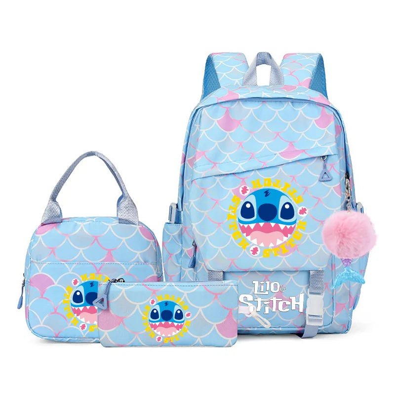3Pcs Backpack Set Lilo Stitch Girl Kid Student Schoolbags Double Shoulder Bag Travel Pen Lunch Bag Kawaii Bookbag Laptop Bag Set