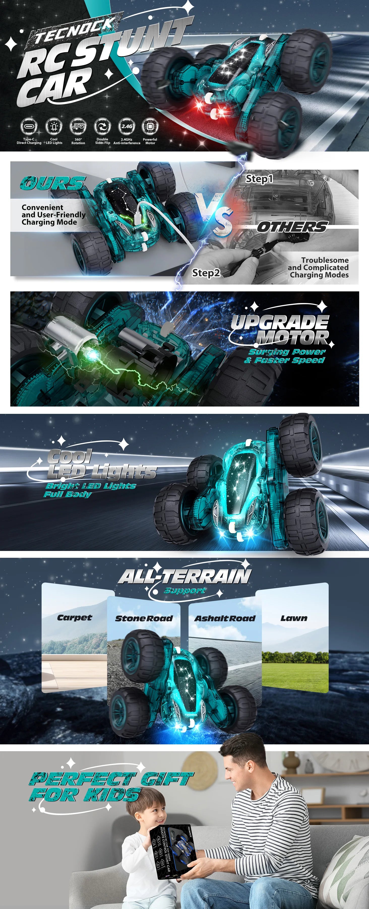 Remote Control Car with Lights, Type-C Fast Charging, 2.4GHz Double Sided Flips RC Cars, 360° Rotates RC Stunt Car Toys for Kids