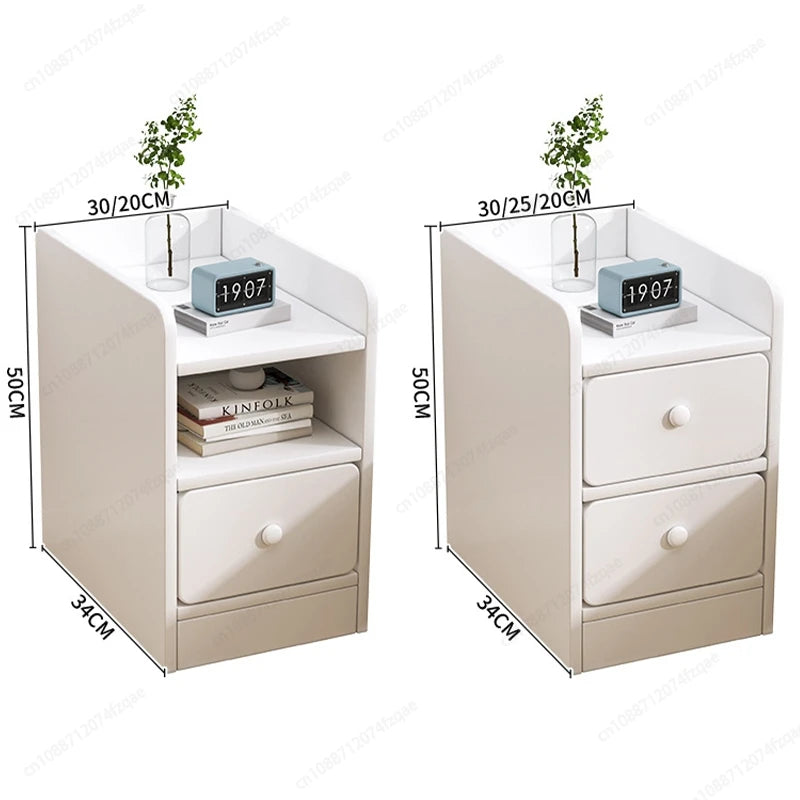 Minimalist Ultra Slim Nightstand Modern Narrow Bedside Table with Open Shelf and Drawers Space Saving Storage for Small Bedroom
