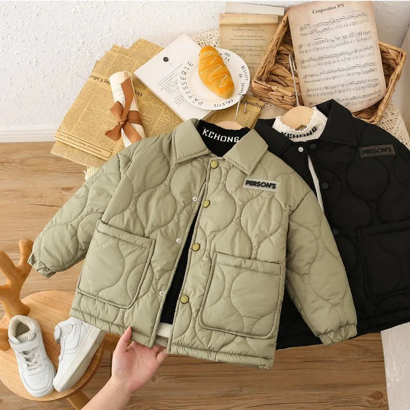 Autumn Kids Cotton Jacket Winter Boys Solid Color Thick Plus Velvet Warm Coat For 3-10 Years Teen Children Outerwear Clothing ﻿