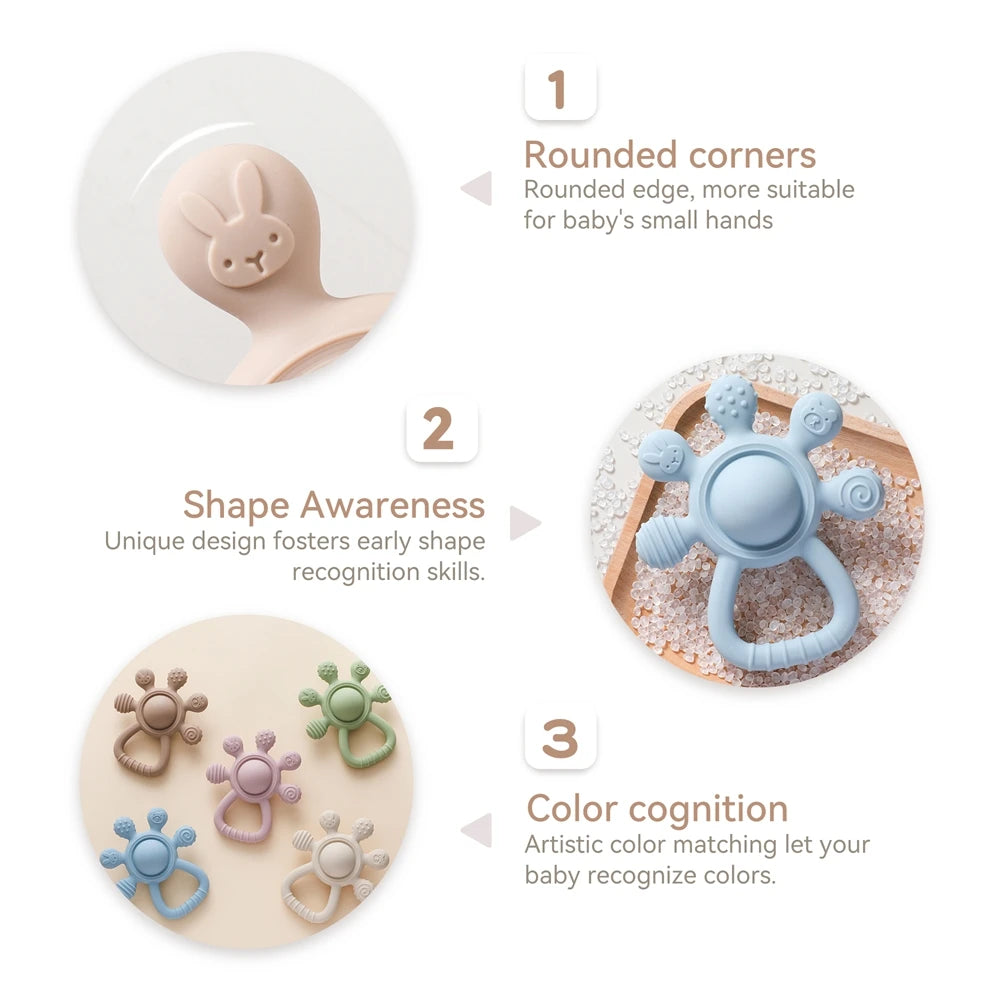 BPA Free Silicone Teether Food Grade Baby 0-12 Toys Teething Rattle Sensory Toys for Toddlers Silicone Hand Bell Soothing Toys