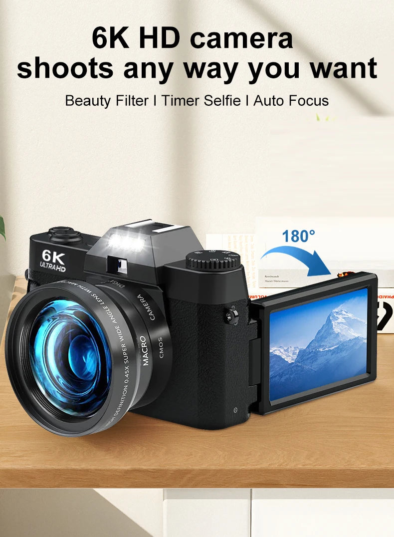 6K Digital Photography Camera 16X Digital Zoom 64MP Vintage Vlog Video Recorder YouTube 180° Flip Screen WiFi Web Cam With Flash