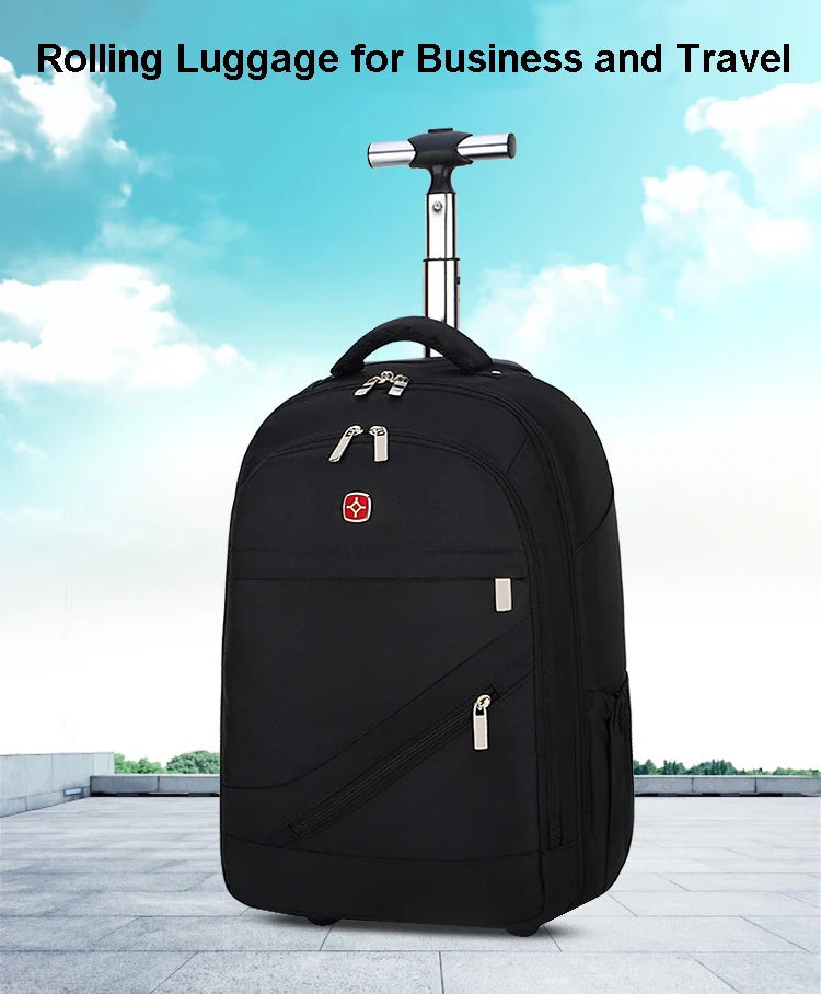 Men Trolley Backpack Shoulders Travel Bag with Wheels 24 Inch Students Rolling Luggage Business Trolley Large Capacity Suitcases