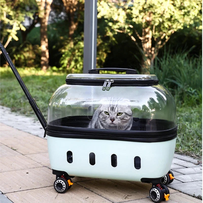 Fashion Transparent Cat Cage Large Capacity Pet Suitcase Breathable Cat Carriers Pull Rod/Handheld Dual Use Cat Transport Cart