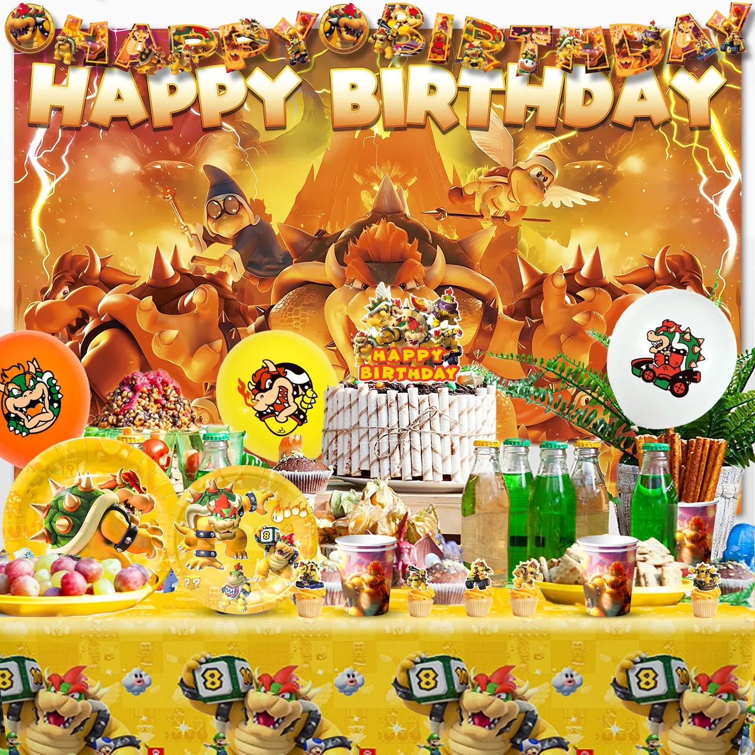 Party Supplies for Bowser Birthday,112pcs Decorations for King Kuppa party Banner,Plates,Cake Toppers,Tablecloths,Backdrop etc.