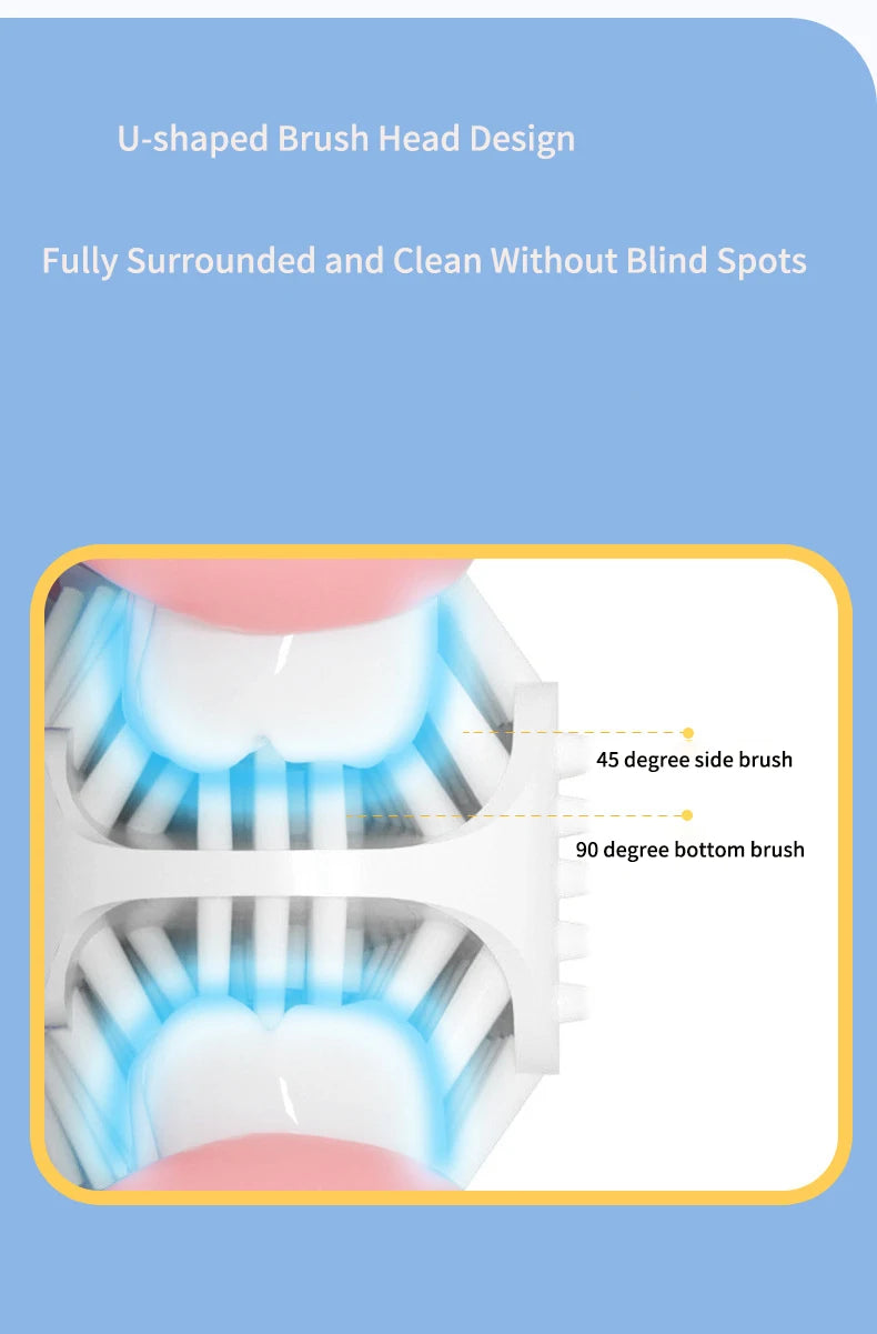 360° Sonic Electric Toothbrush for Kids Children U Shape Automatic Silicone Tooth Brush Smart Timer Rechargeable Blue Light IPX7