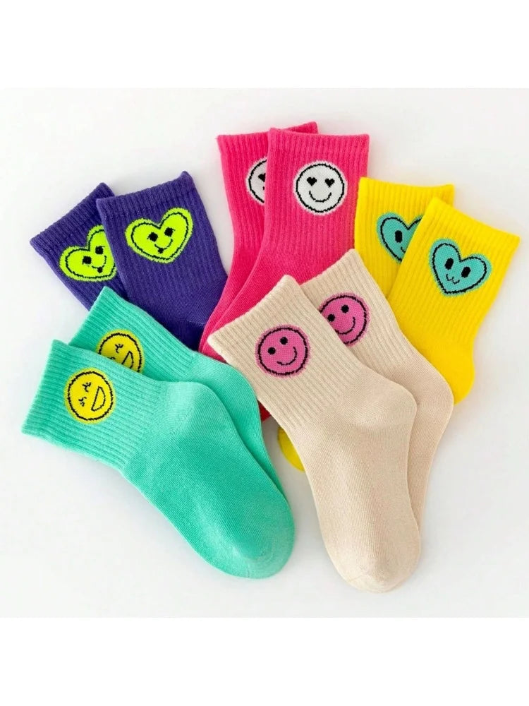 5 Pairs of Four Seasons Children's Socks New Sports Smiling Face Expression Boys and Girls Mid-calf High Socks