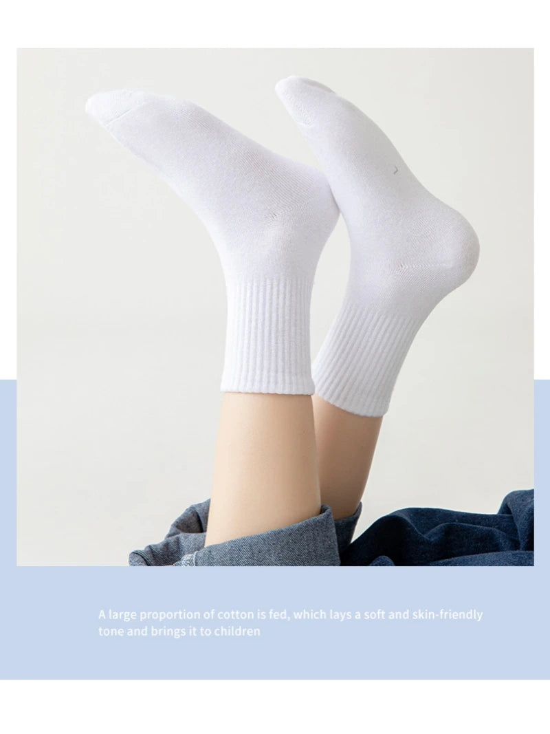 Horetong 5 Pairs Pure Cotton Soft Student Socks Breathable Absorbing Sweat Sport Socks Boys Girls Middle Tube Sock For 3-13 Year