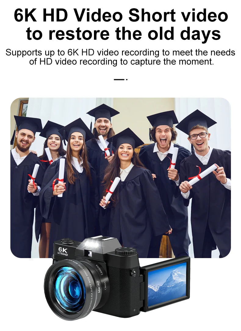 6K Digital Photography Camera 16X Digital Zoom 64MP Vintage Vlog Video Recorder YouTube 180° Flip Screen WiFi Web Cam With Flash