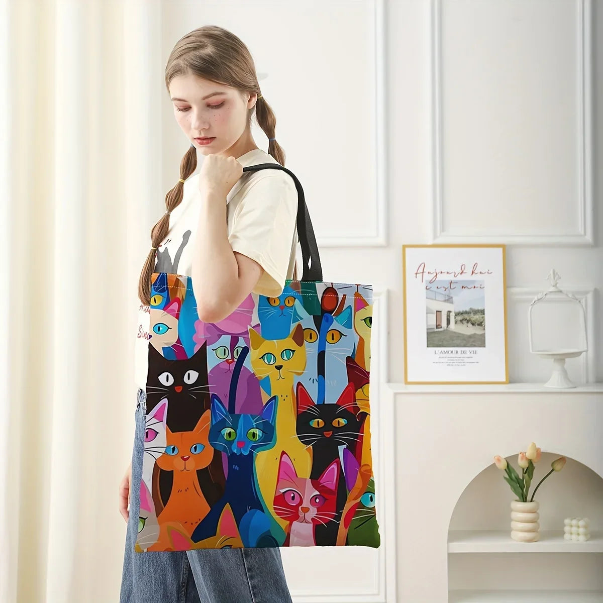 Colorful Kitten Printed Casual Handbag, Reusable Fashionable Backpack, Multifunctional Handbag, Printed Shopping Bag 40x40cm