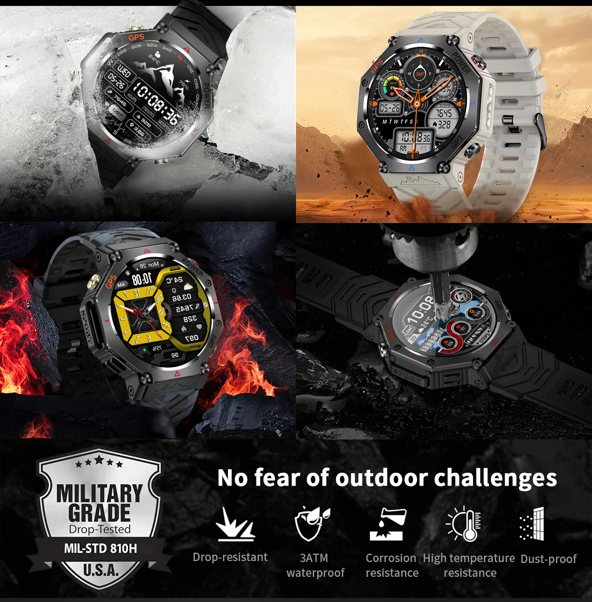 Military Smart Watch T-Rex 3 Bulit-in GPS Compass Altimeter Barometric 10ATM IP69K Waterproof AMOLED Bluetooth Call Smart watch
