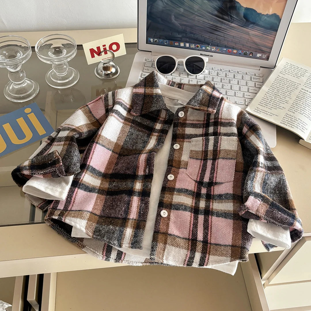 2025 New Autumn Kids Plaid Shirt Long Sleeve Retro Lapel Cardigan Jacket Casual Tops Fashion Outerwear for Boys and Girls
