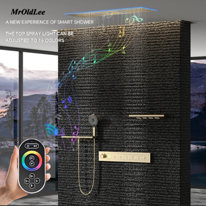 Luxury Ceiling Shower System Set Concealed Thermostatic Brass Digital Display Hydro Generator Rainfall  with Light and Bluetooth