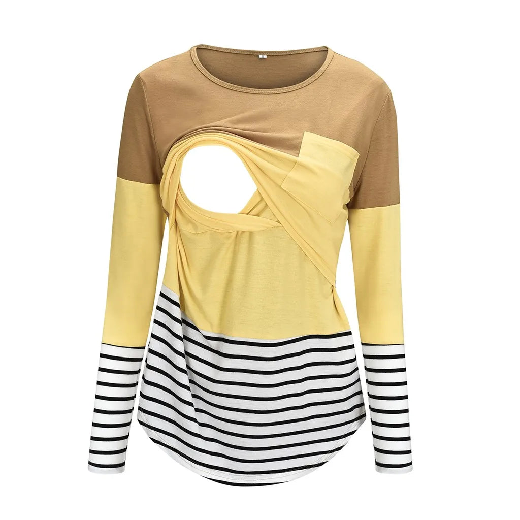 Fashion Pregnant Women Stiching Color Breastfeeding Nursing T Shirts Casual Loose Long Sleeve Tee Tops For Maternity