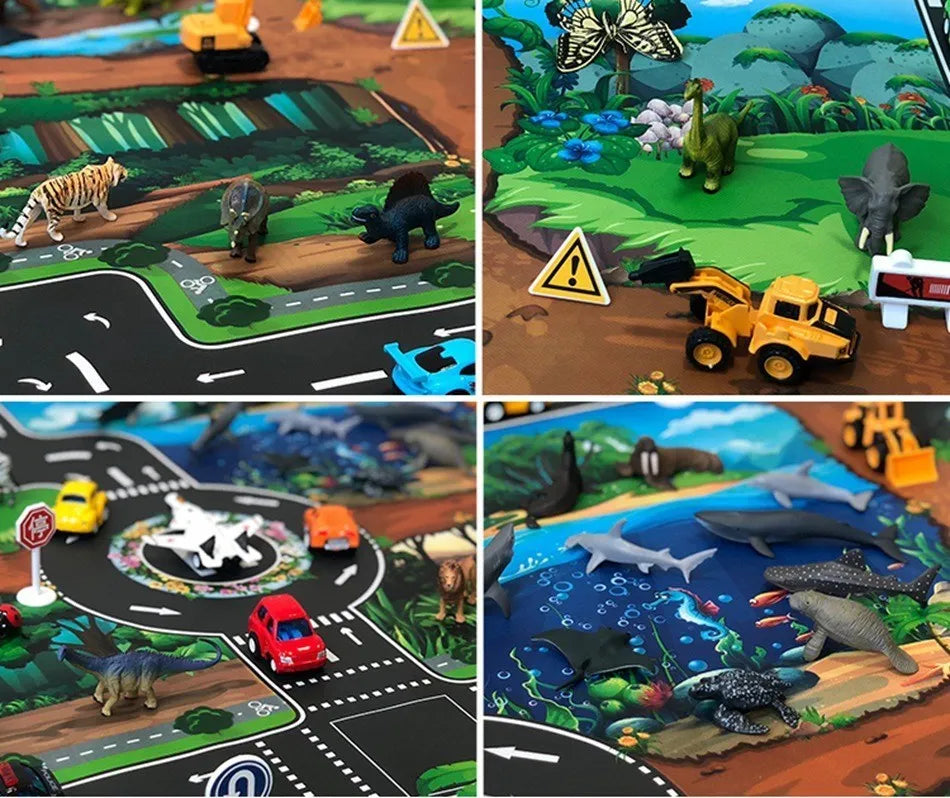 Children Playmat Activity Surface Waterproof Map Kids Animal Road Toy Baby Dinosaur Road Portable Carpet Farm Road Non-Toxic Mat