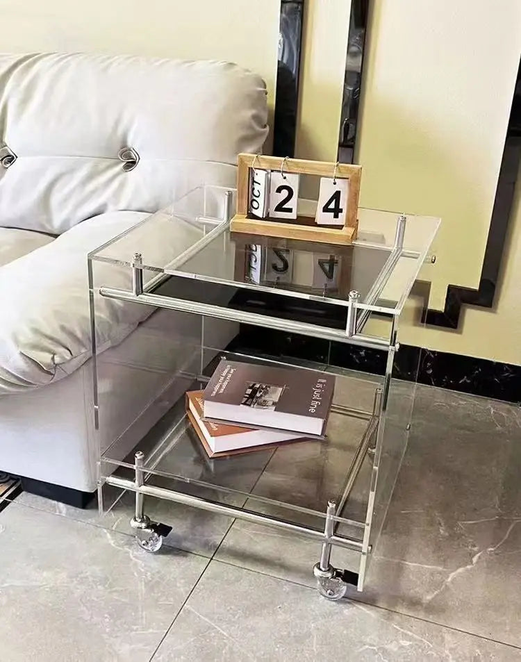 Acrylic Side Table Transparent Trolley Style Living Room Coffee Table Storage Cabinet Mobile Bedside Table Minimalist