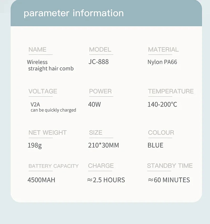 Wireless Electric Heating Straight Hair Comb Rechargeable Portable  Negative Ion Anti-scalding Hair Straightener For Home Travel