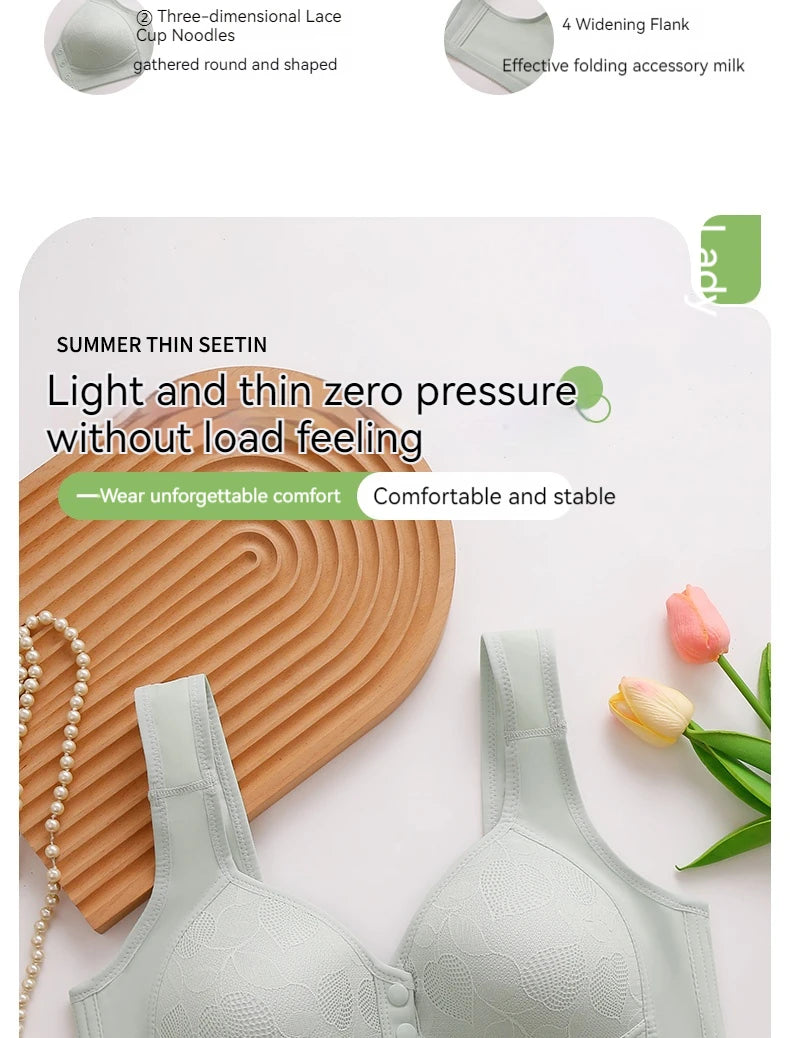 New Pregnant Women's Front Open Button Breastfeeding Bra Women's Large Steel Ring Free Bra Traceless Thin Comfortable Bra