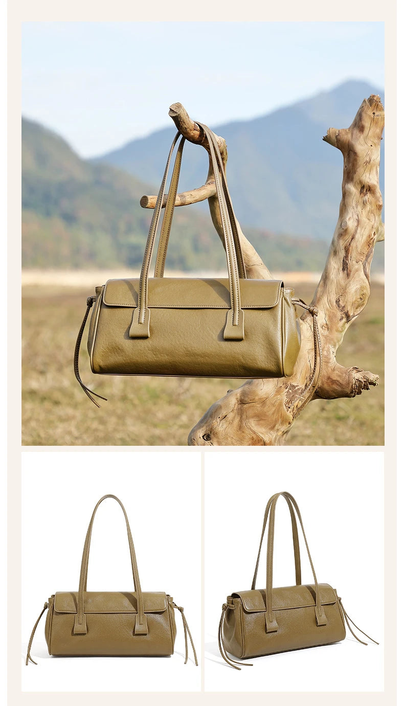 2025 New Genuine Leather Women's Shoulder Bag Large Capacity Cowhide Luxury Handbag Long Strip Black Baguette Bag Female