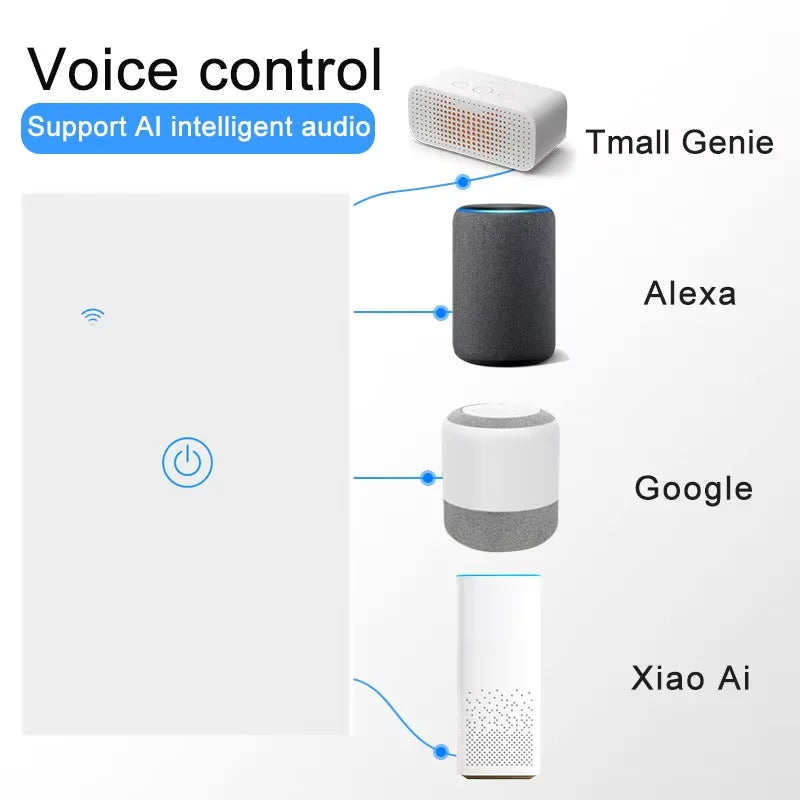 WiFi&Buletooth US Standard Touch Panel Switch Smart Switch Panel 1/2/3/4 Way Works With Tuya Compatible with Google Home