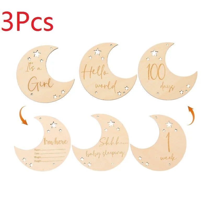 Baby Wooden Memorial Monthly Cards Moon Shape Monthly Newborn Engraved Age Photography Props Accessories Baby Birthing Gift