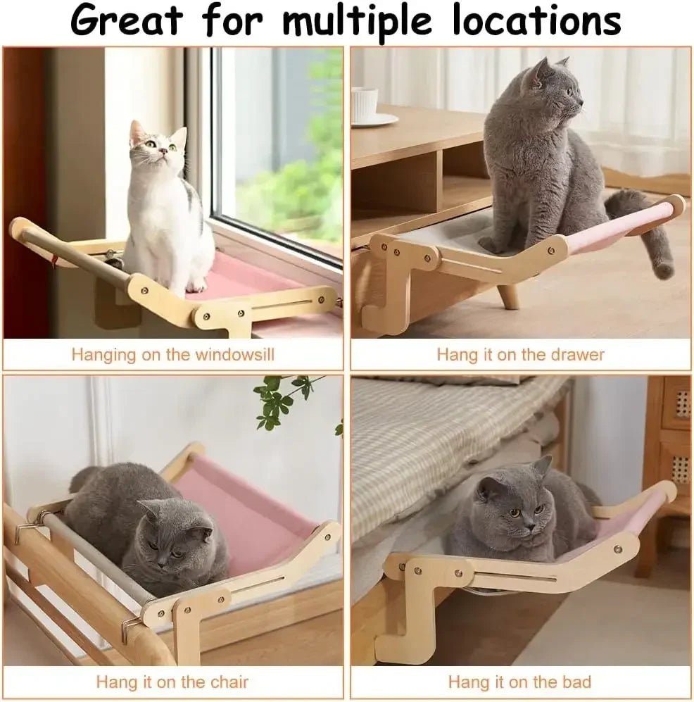 Cat hammock with pet window, Cat hanging hammock with detachable balcony, wooden stand, indoor turndown bed, pet nest