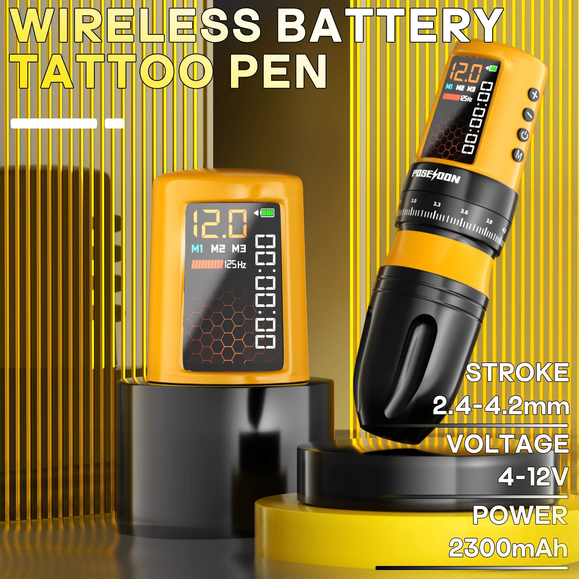 Tattoo Kit POSEIDON V5 New Yellow Tattoo Pen Kit For Permanent Makeup Tattoo Machine Kit Adjustable Wireless Tattoo Gun Kit