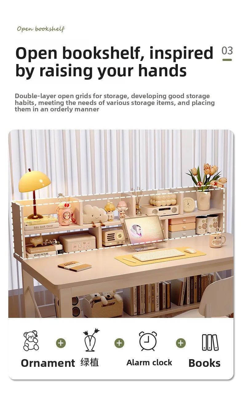 Solid Wood Computer Desk Household Desk Bookshelf Integrated Student Learning Desk Rental House Simple Office Table and Chair