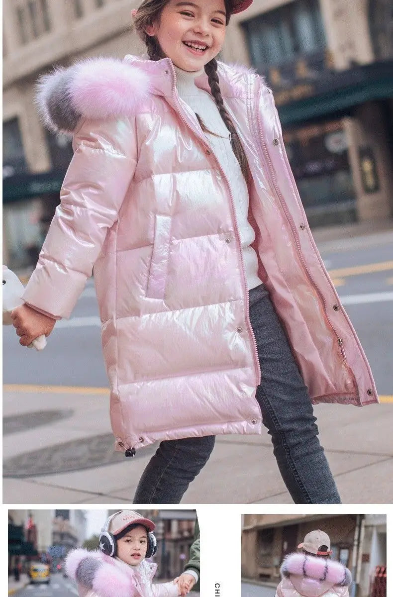 5-14 Years Old Winter Boys Girls Jacket Long Style Hooded Fur Collar Colorful Heavy Coat For Kids Children Outerwear