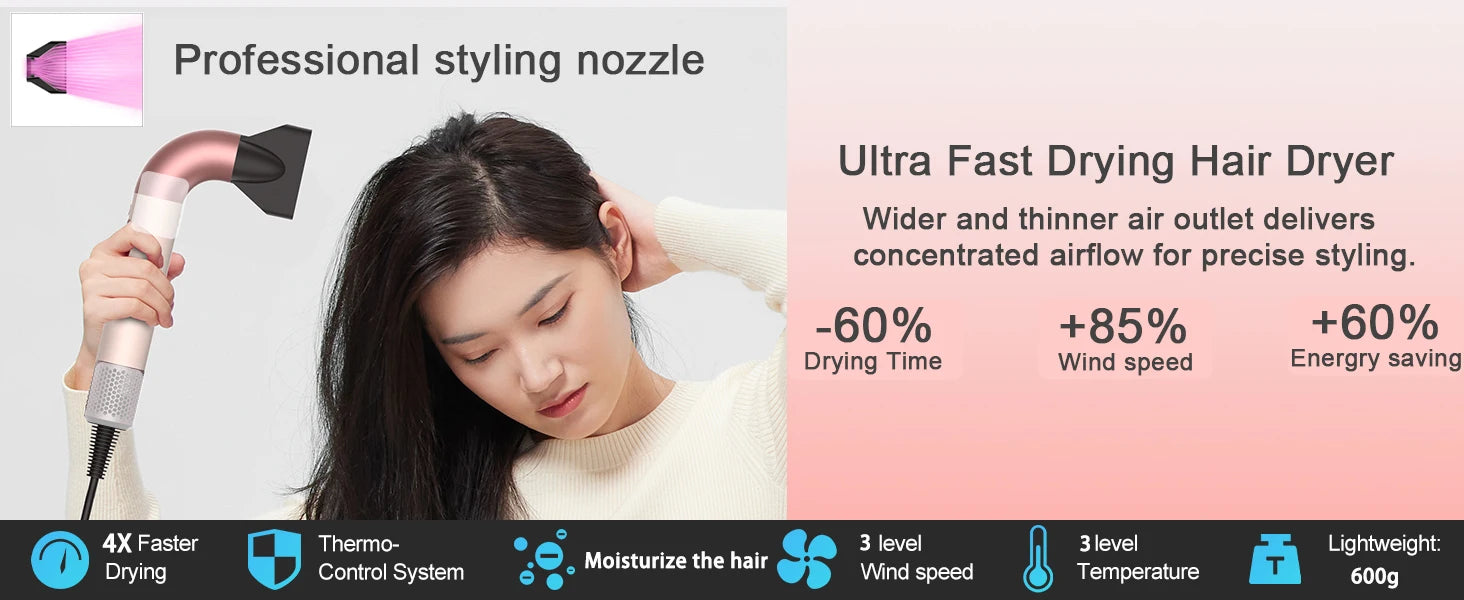 Hair dryer, 1400W high power, quick drying, lightweight body, low noise, comes with multiple types of air nozzles.