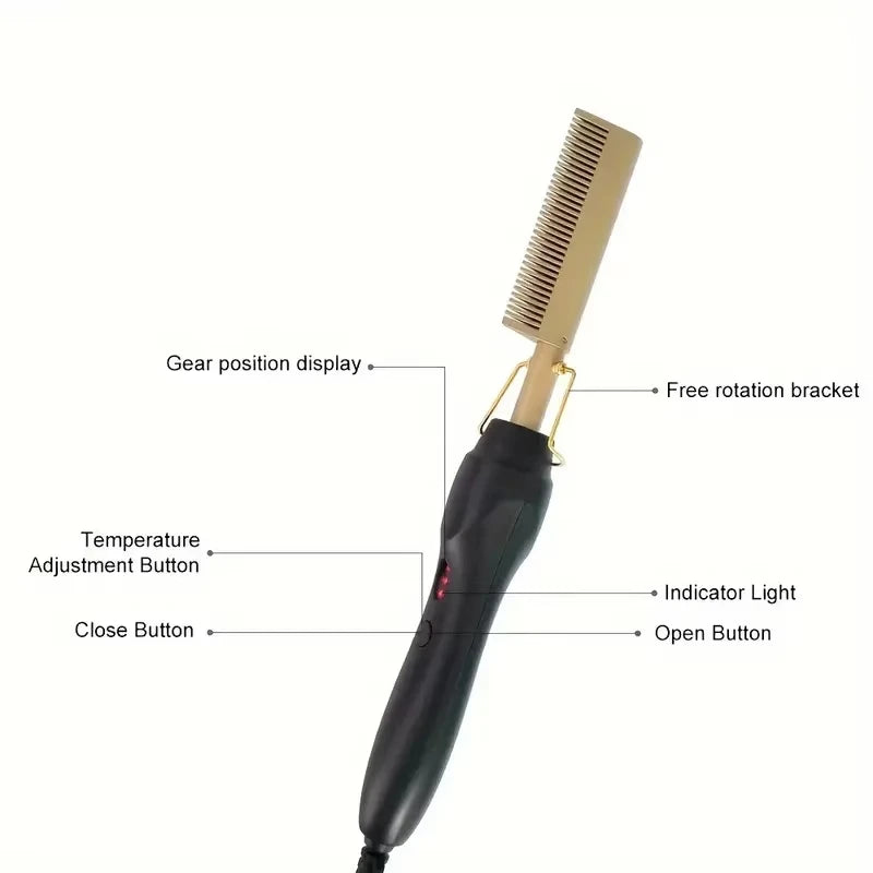 Multi Functional Electric Copper Comb Straightener, Dual-purpose for Comb, Perm Stick, Curly and Straight Hair