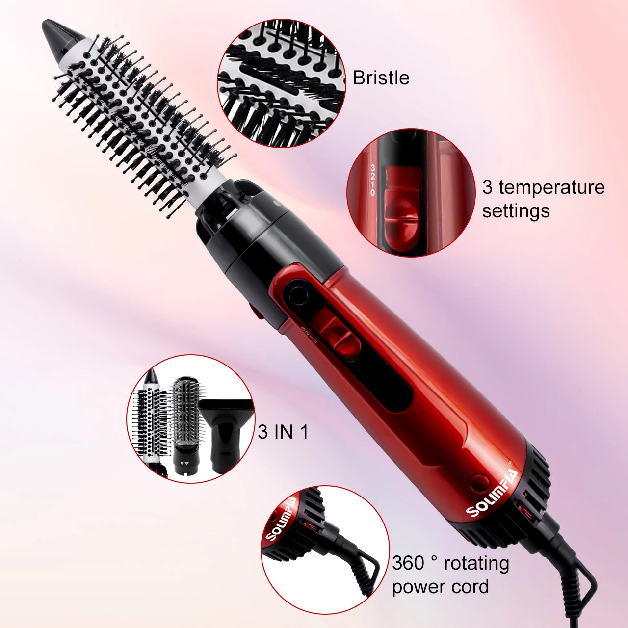 Solimpia 3-Head Hot Air Brush Hair Dryer Strong Wind Electric Straightener Curler Roller Comb Blower Styling Tool for Woman 800W