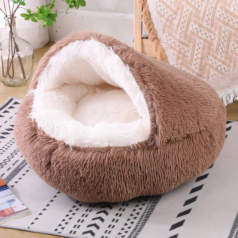 Snooze Cat Bed Round Plush Fluffy Hooded Cozy Cat Bed Cave for Indoor Donut Self Warming Small Dog Bed Anti-anxiety for Winter