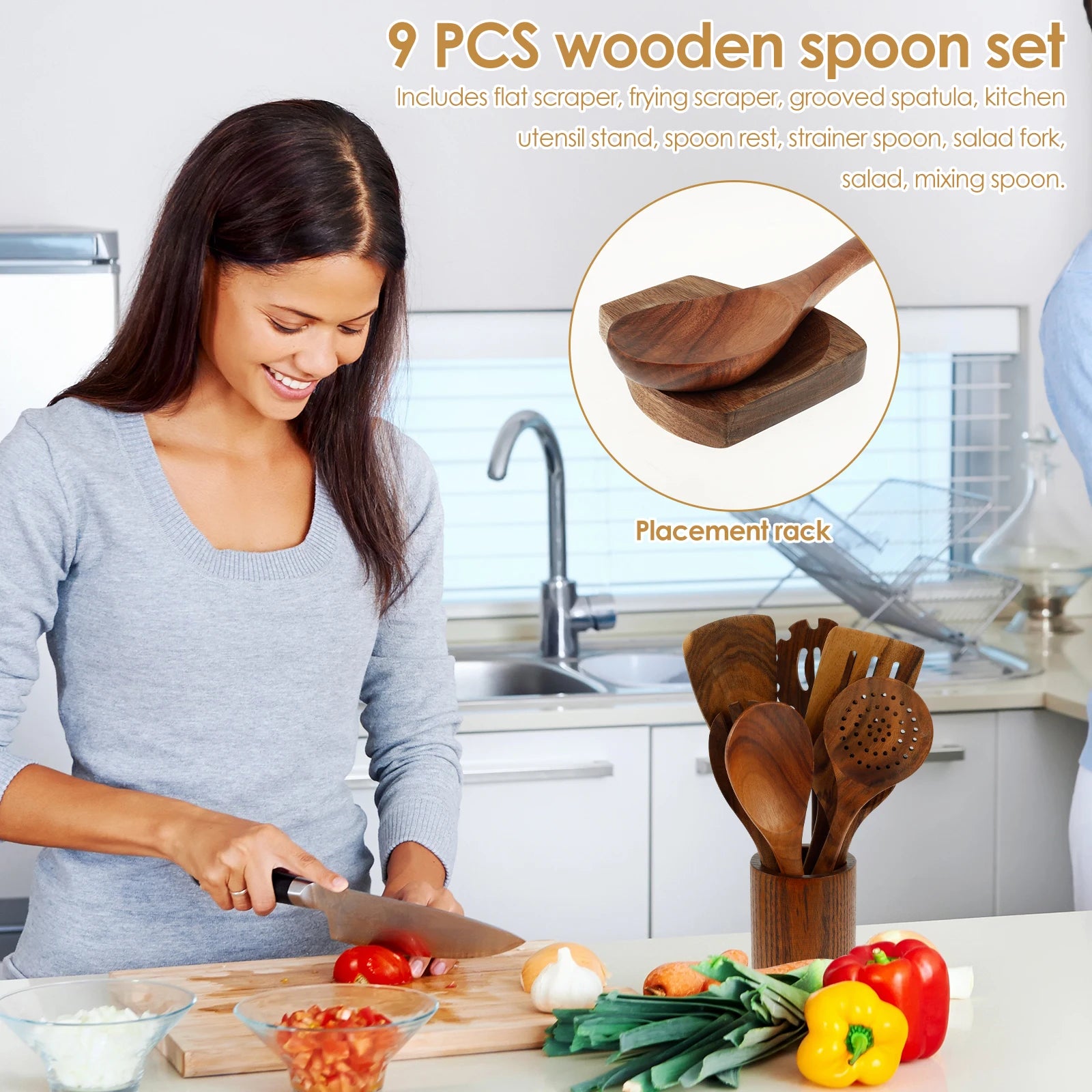 Wood Utensil Set  and Utensils Holder Kitchen Cooking Stainless Steel Utensil Set Practical Cookware Kit for Home Everyday Use