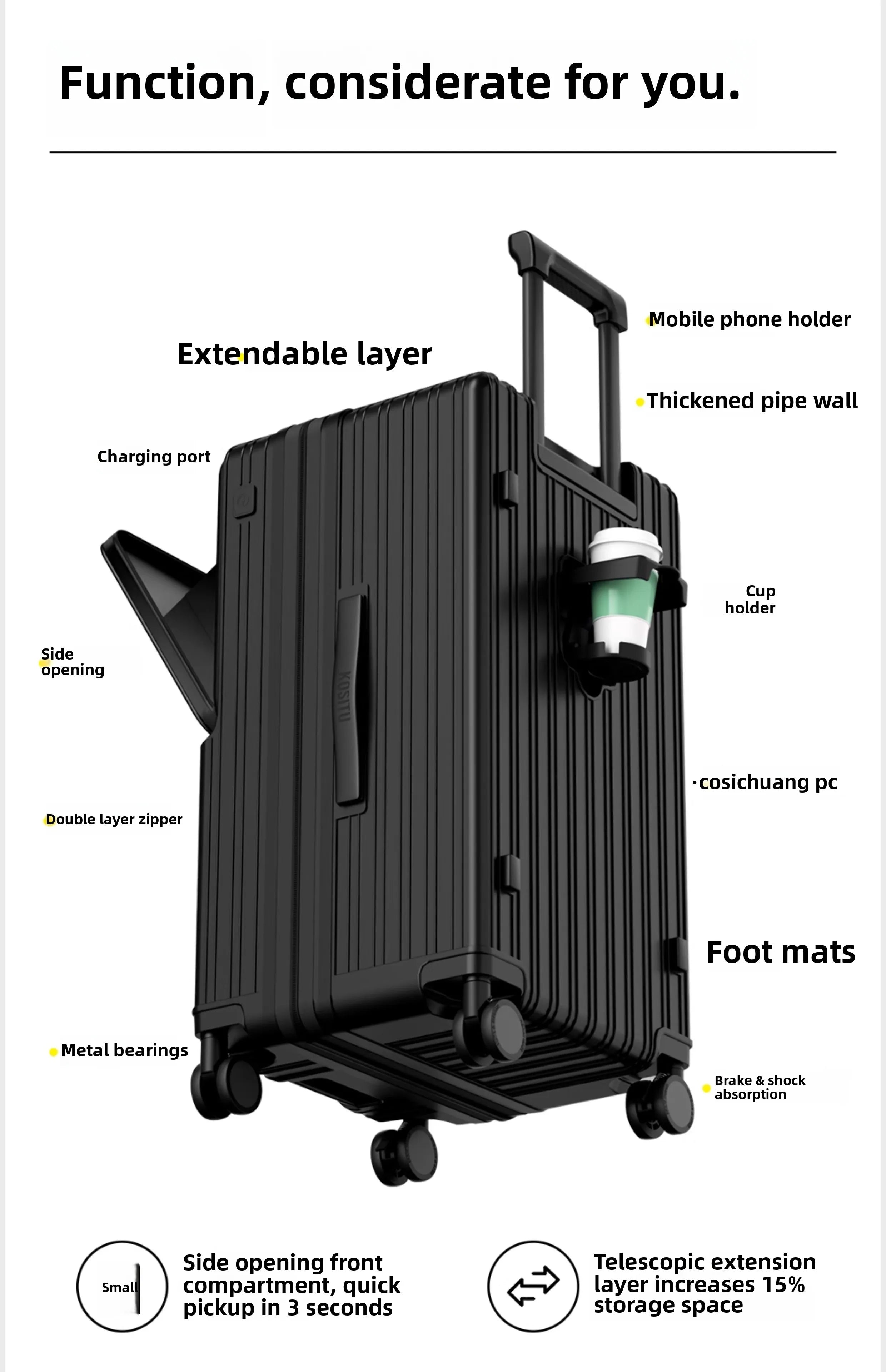 KLQDZMS Cabin Suitcase 20"22"24"26"28"30 Inch Large Capacity Trolley Case USB Charging Boarding Box Front Opening Luggage