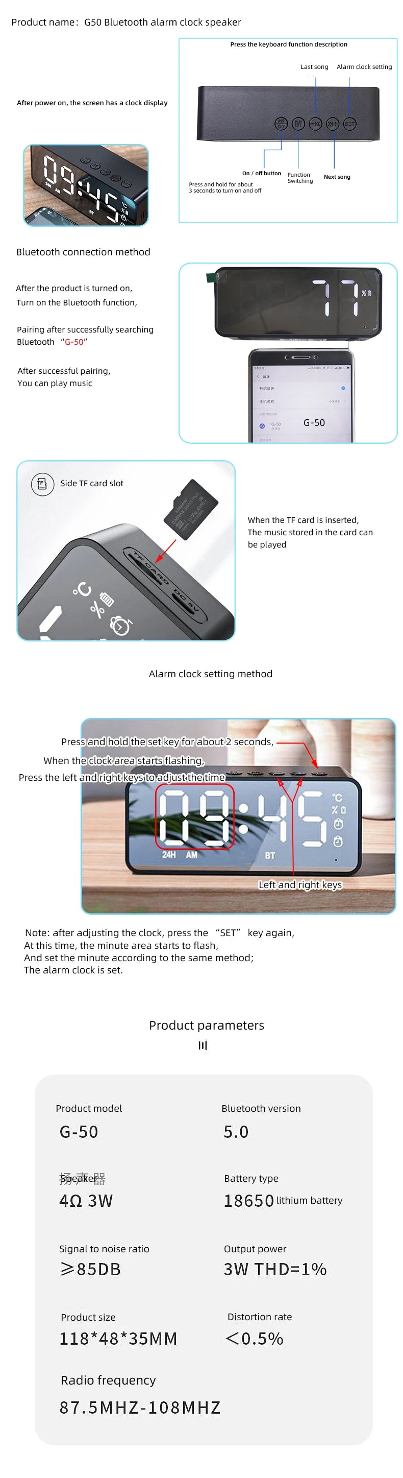 Wireless Bluetooth Speaker Small Mini Alarm Clock Portable Cannon Mini Voice Broadcast the Card Instert Vehicular Audio System W