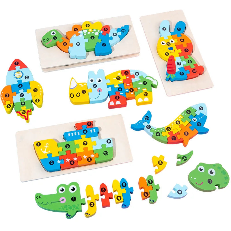 1PCS 3D Puzzle Wooden Dinosaur Animal Jigsaw Puzzle Early Education Color Sorting Learning Educational Toys  For Toddlers Gift