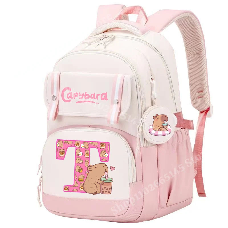 Capibara Cute Backpack Girl Anime Capybara Letter A-Z School Bags Kids Outdoor Sport Shoulders Bag Travel Rucksack Children Gift