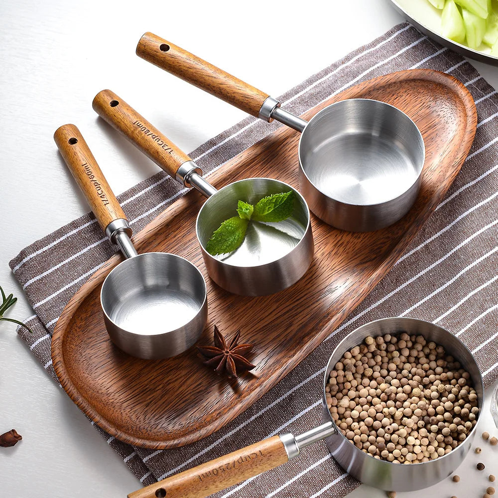 Measuring Spoon Set Wooden Handle Stainless Steel Measuring Cups Spoons Baking Tools Coffee Bartending Scale Kitchen Accessories