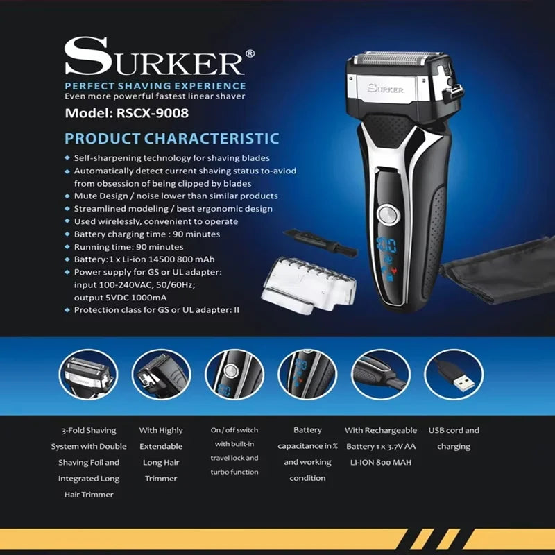 Surker Electric Shaver for Men Rechargeable Intelligent Reciprocating Type Razor Washable Digital LCD Display Shaving Machine