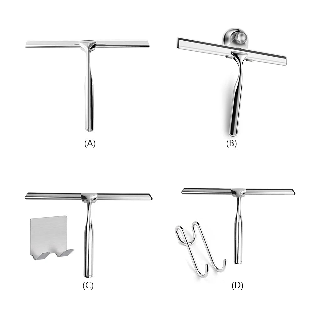 Stainless Steel Shower Squeegee Glass Wiper Scraper Cleaner Brush Multifunctional Bathroom Mirror Wiper Scraper Glass Cleaning