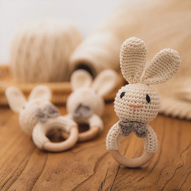 Let's Make Baby Rattles Crochet Bunny Rattle Toy Wood Ring Baby Teether Rodent Baby Gym Mobile Newborn Educational Rattles Toys