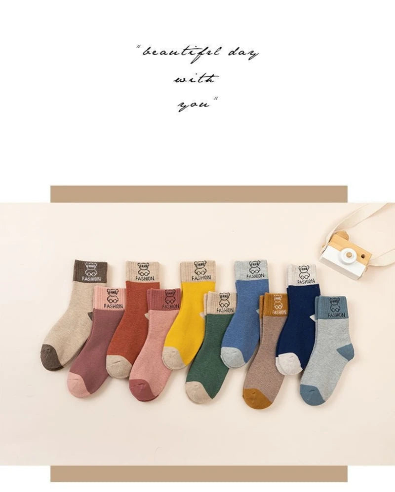 5 Pairs /bag Winter Children Socks Warm Autumn And Winter Plush Thicken Toddler Boys Girls Cotton Middle Tube Sock For 2-14 Year