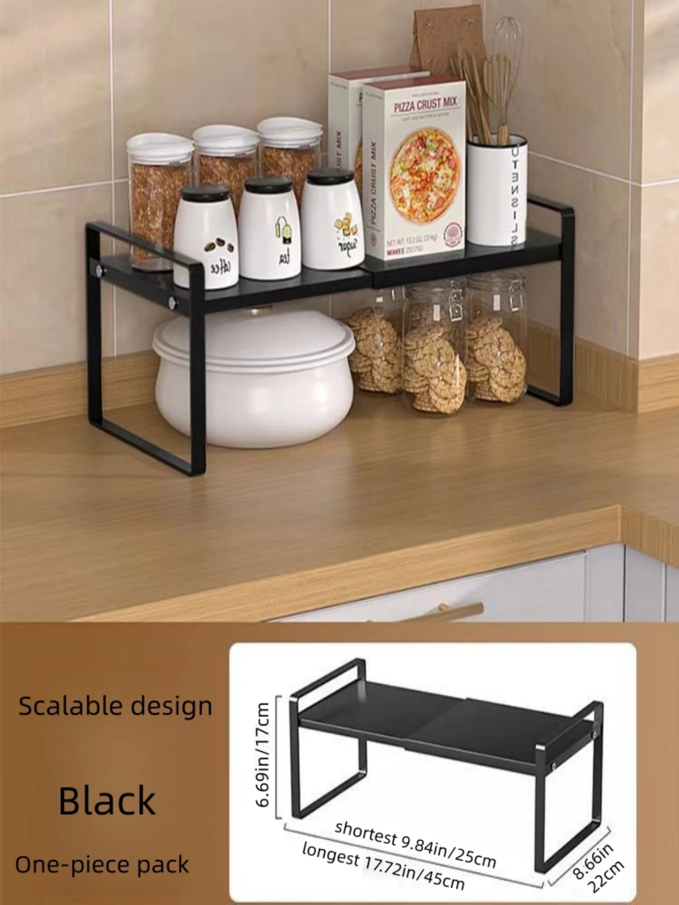 Kitchen cabinet multi-level shelf storage rack, seasoning storage rack, expandable home storage space, heavy-duty metal black