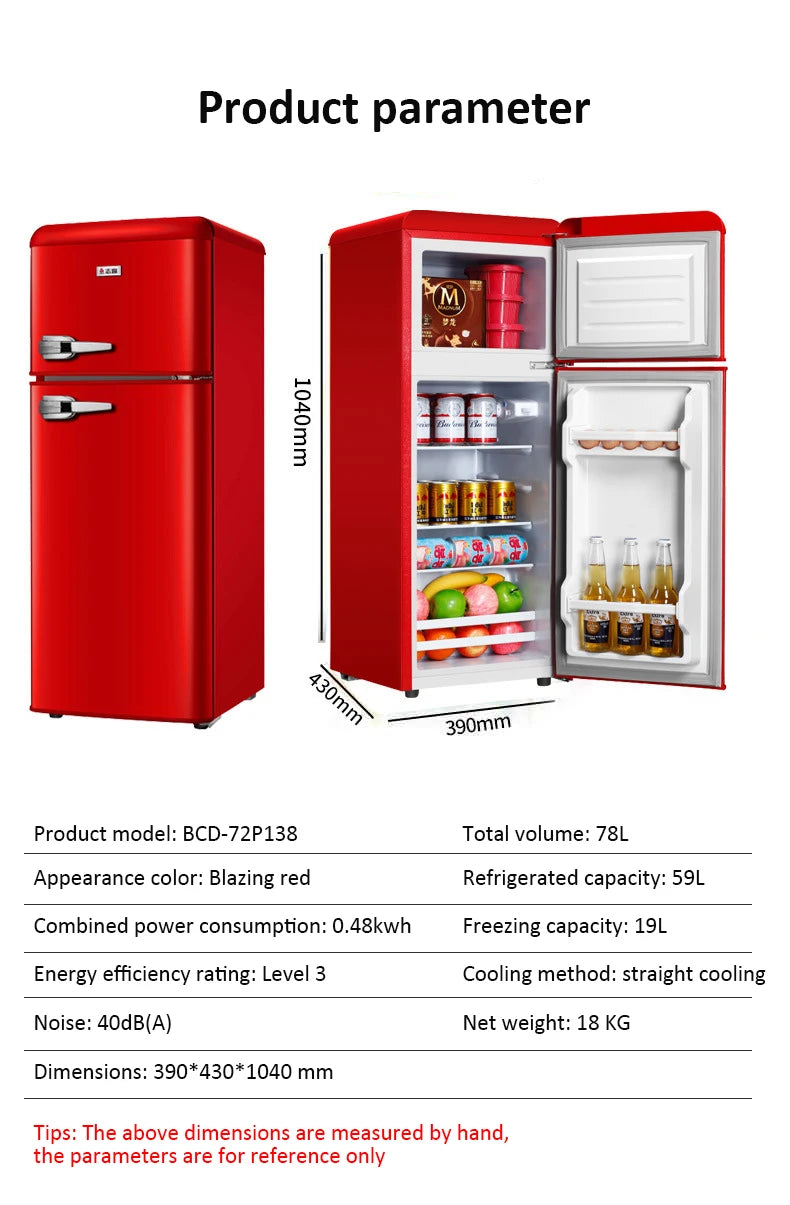 Double Door Refrigeration Freezing Mini Small Medium Silent Energy-saving Retro Refrigerators with Handle for Office Home Hotel