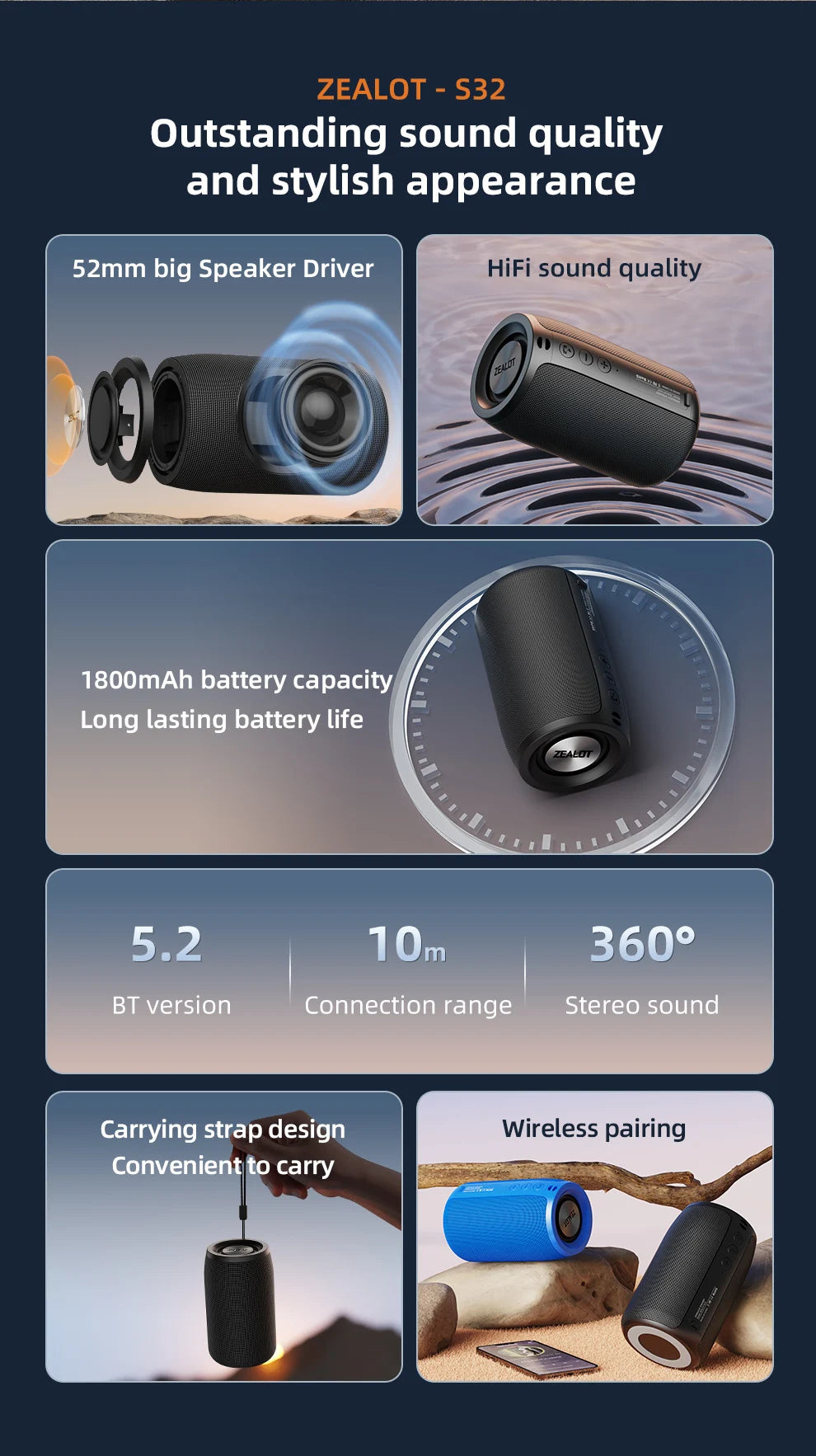 ZEALOT-S32 Mini Portable Bluetooth Speaker HIFI Subwoofer Wireless Speaker with fm Radio Column Support TF, TWS, USB