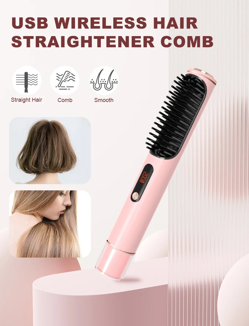 LED Hair Straightener Brush - Cordless Hot Air Styling Comb w/ Ceramic Ion Tech, Adjustable Temp & USB-C Fast Charge