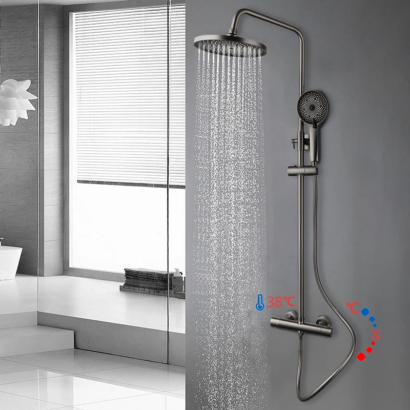 KEMAIDI Grey Constant Temperature 38° Shower Set Intelligent Brass Bathroom Faucets Hot Cold Rainfall  Bathtub Shower System