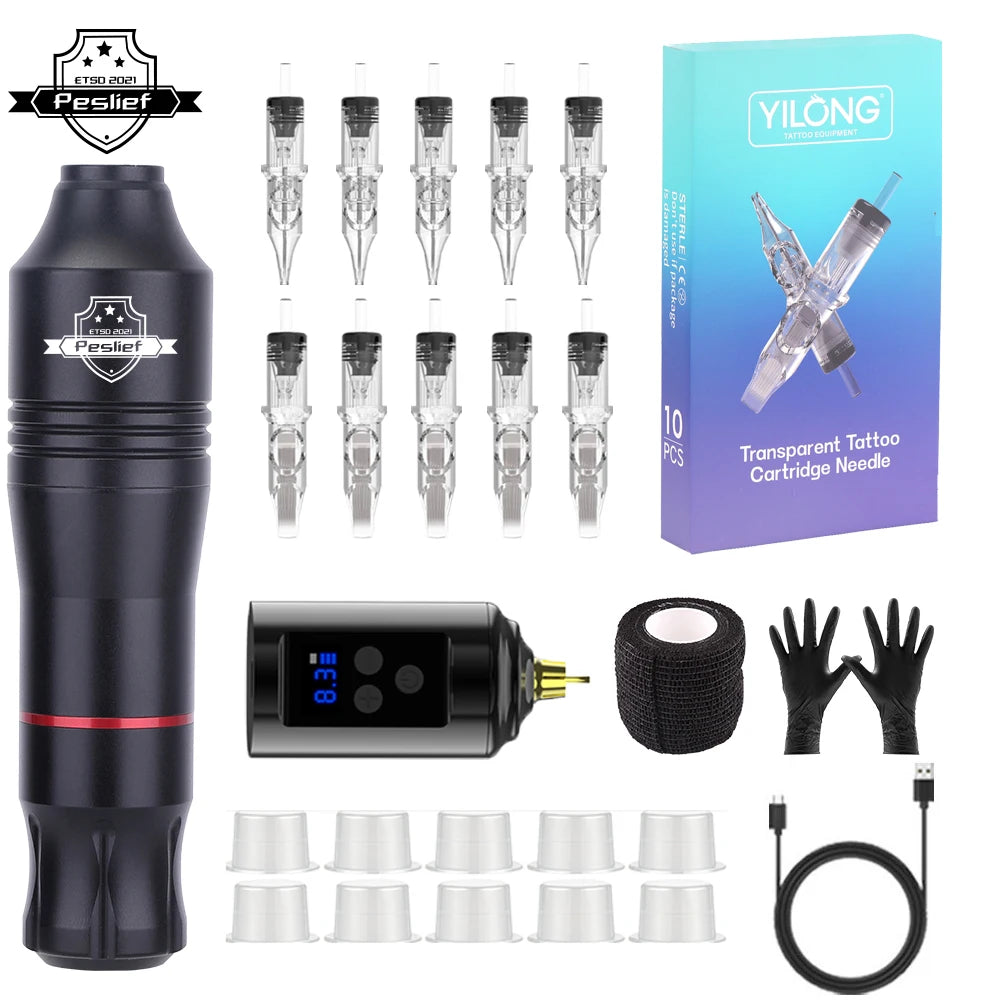 Wireless Tattoo Kit Rotary Tattoo Machine Set with 10PCS Tattoo Cartridge Needles Permanent Makeup Tools for Tattoo Artist
