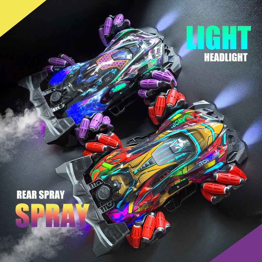 4Wd Rc Stunt Car with Sprayer & Namu Wheels, 2.4g Remote Control Drift Vehicle, Colorful Led Lights & Sound Off-Road Toys Gift F